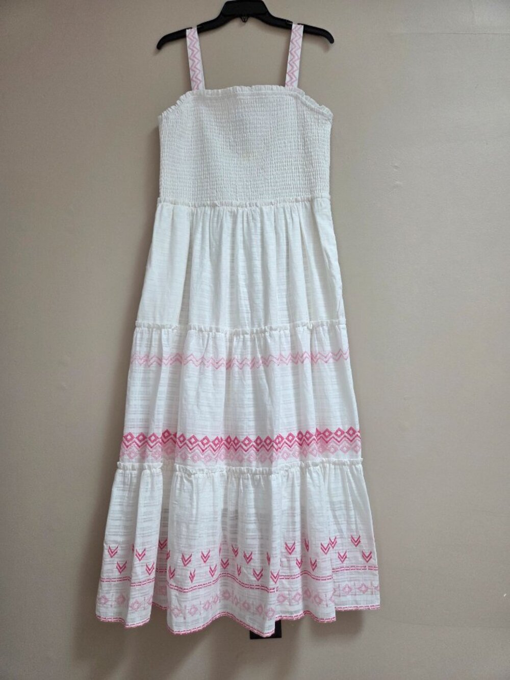 Draper James L White Pink Embroidered Smocked Tiered Riviera Maxi Dress Coastal